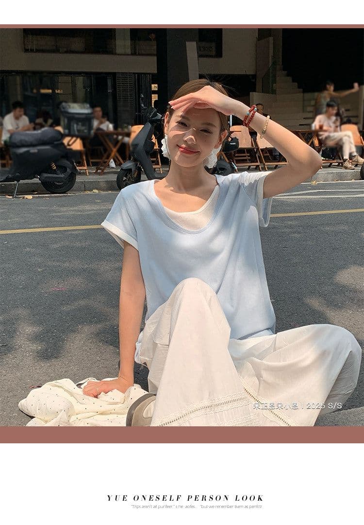 원본 눈꽃 면 화이트 페이크 레이어드 긍정적 인 어깨 반팔 티셔츠 여름 한 부서 느긋한 센스 맨위 여성 상세 이미지 42