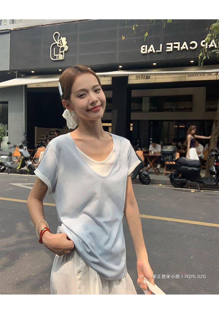원본 눈꽃 면 화이트 페이크 레이어드 긍정적 인 어깨 반팔 티셔츠 여름 한 부서 느긋한 센스 맨위 여성 상세 이미지 43