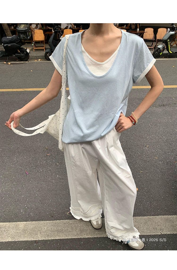 원본 눈꽃 면 화이트 페이크 레이어드 긍정적 인 어깨 반팔 티셔츠 여름 한 부서 느긋한 센스 맨위 여성 상세 이미지 44