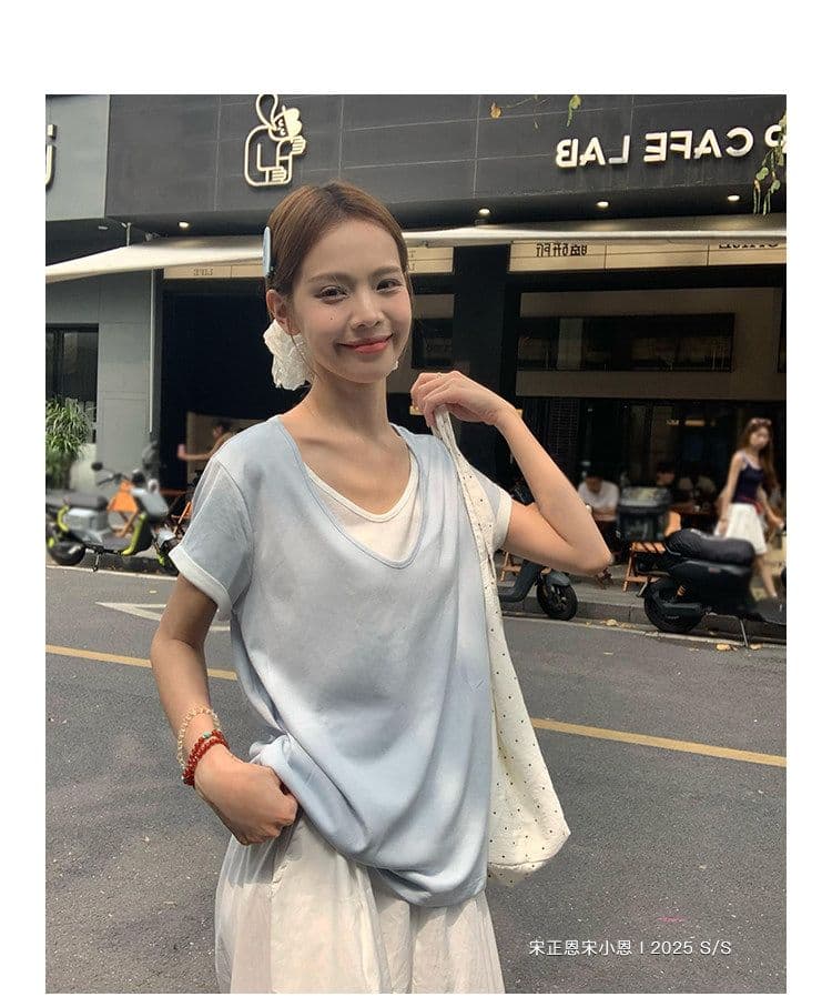 원본 눈꽃 면 화이트 페이크 레이어드 긍정적 인 어깨 반팔 티셔츠 여름 한 부서 느긋한 센스 맨위 여성 상세 이미지 46