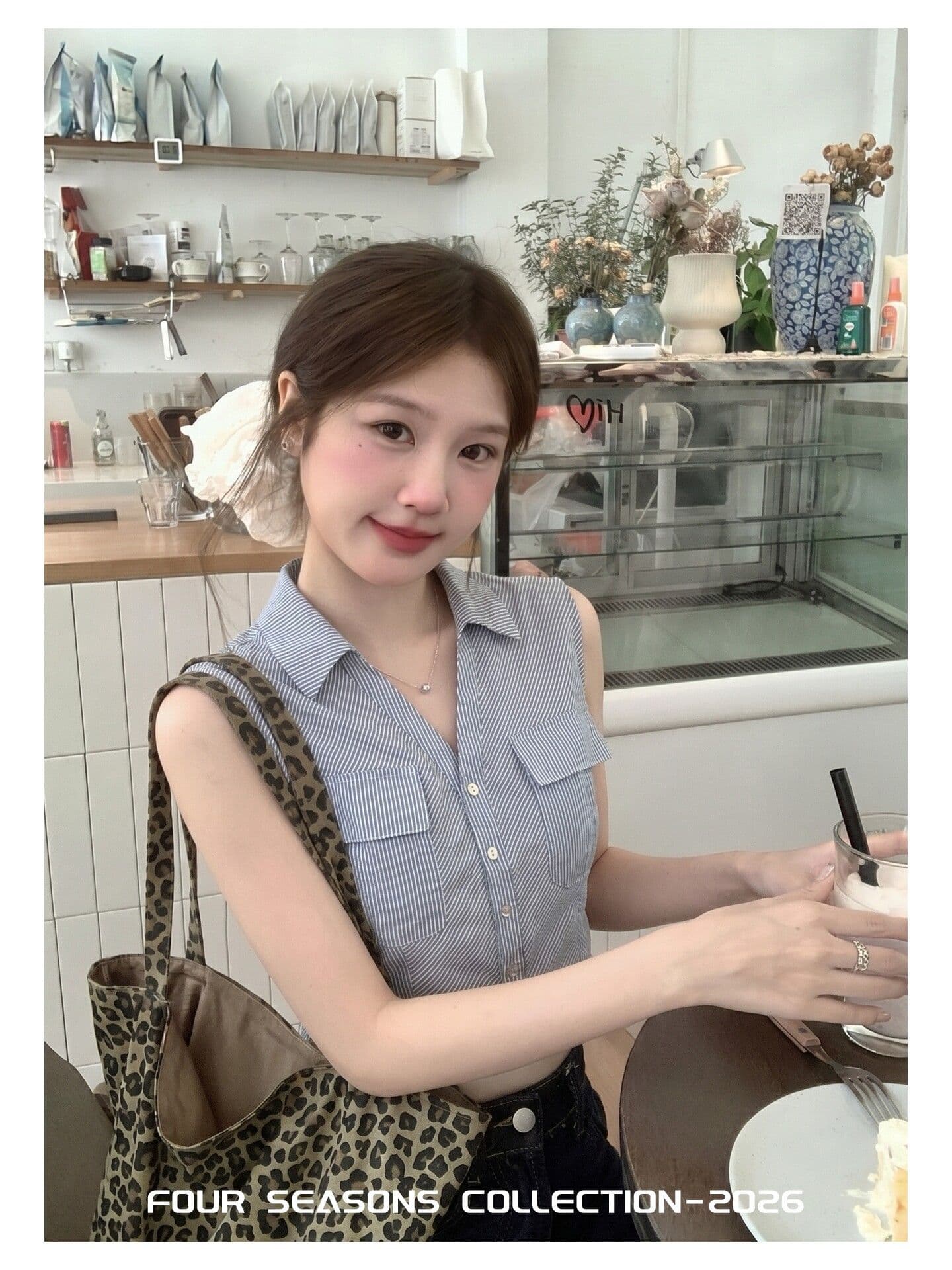 원본 컬러 짜임 기사 몸매 가꾸기 슬림해 보이는 민소매 맨위 여성 여름 레트로 스타일 배색 폴로 칼라 스트라이프 조끼 상세 이미지 3
