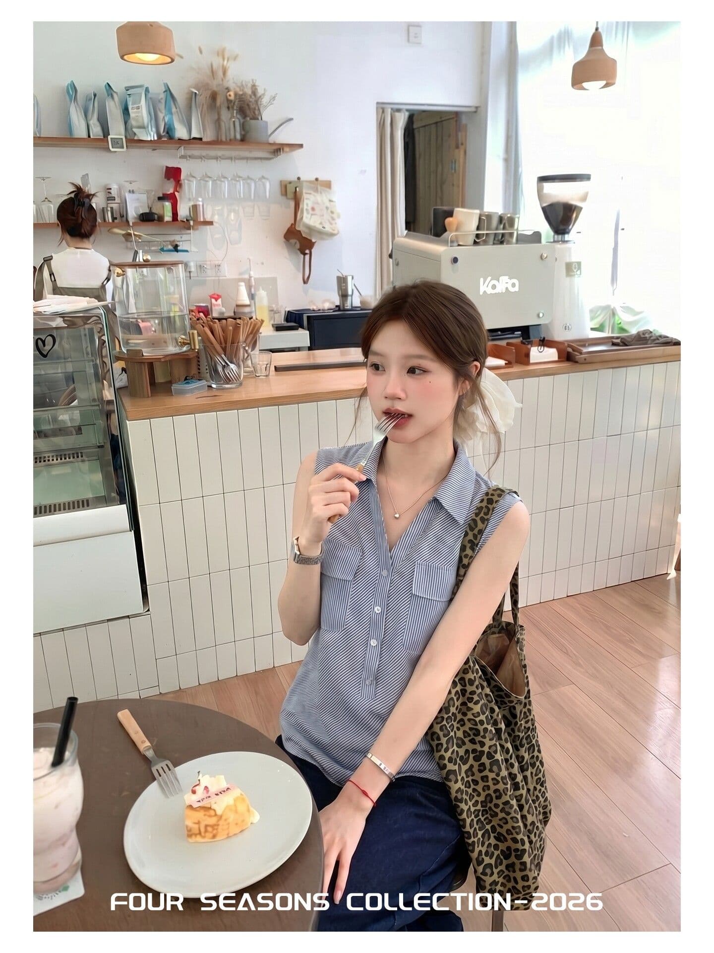원본 컬러 짜임 기사 몸매 가꾸기 슬림해 보이는 민소매 맨위 여성 여름 레트로 스타일 배색 폴로 칼라 스트라이프 조끼 상세 이미지 5