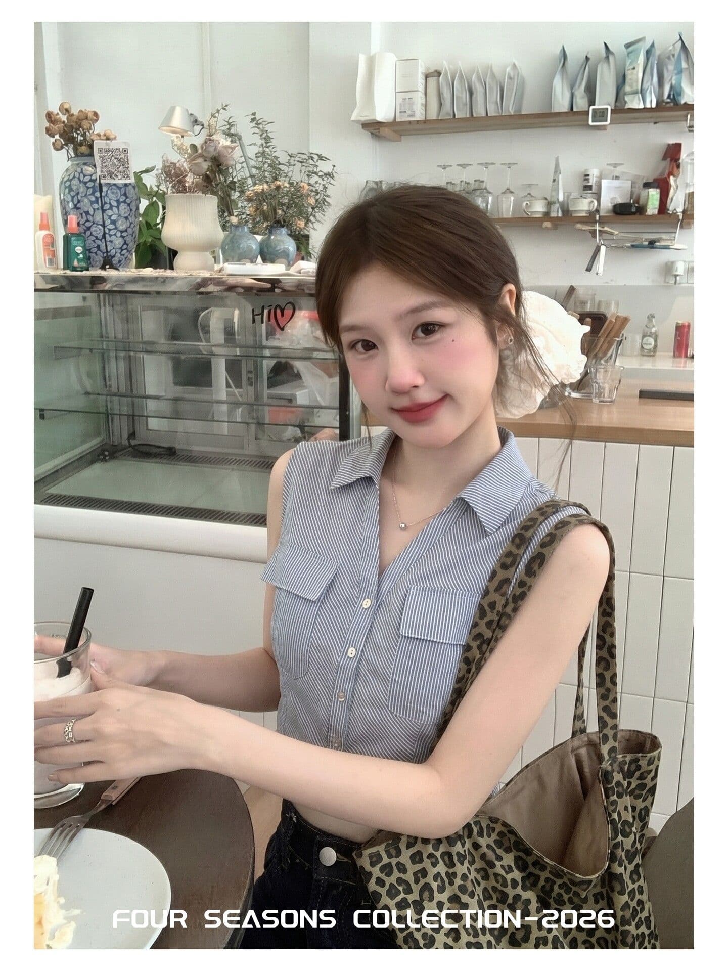 원본 컬러 짜임 기사 몸매 가꾸기 슬림해 보이는 민소매 맨위 여성 여름 레트로 스타일 배색 폴로 칼라 스트라이프 조끼 상세 이미지 6