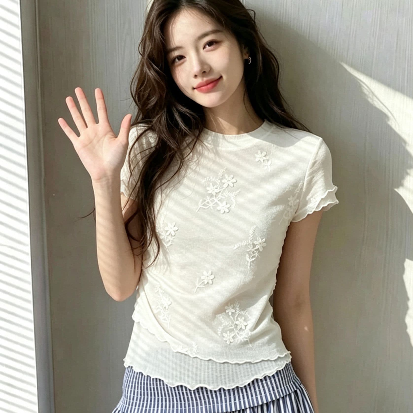 한 부서 부드러운 살구 색상 3 차원 꽃 긍정적 인 어깨 반팔 티셔츠 여성 Tulle 목이버섯 레이스 쇼트 스타일 맨위
