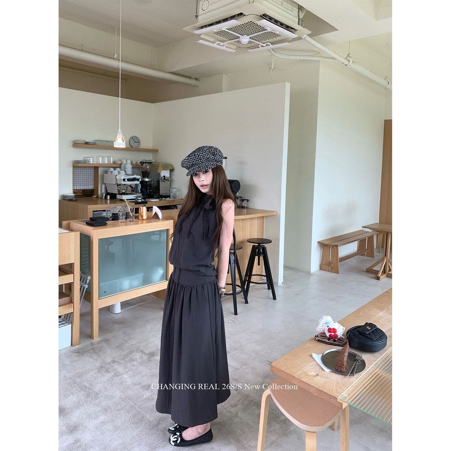 높은 품질 품질 세트 회색 품격 민소매 조끼 루즈핏 맨위 여성 여름 펌프 로프 한 마디 반신 스커트 투피스 세트 이미지 2