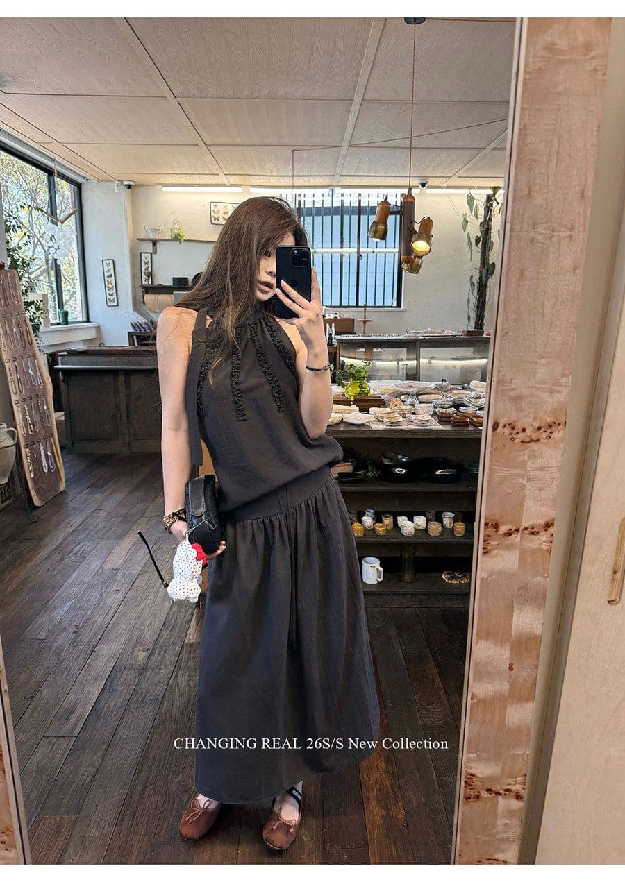 높은 품질 품질 세트 회색 품격 민소매 조끼 루즈핏 맨위 여성 여름 펌프 로프 한 마디 반신 스커트 투피스 세트 상세 이미지 2