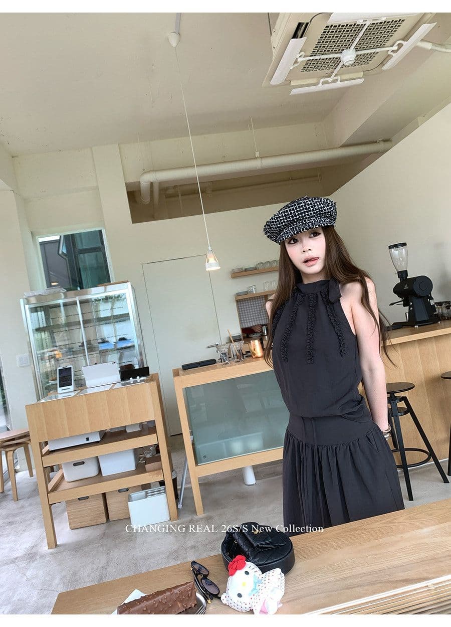 높은 품질 품질 세트 회색 품격 민소매 조끼 루즈핏 맨위 여성 여름 펌프 로프 한 마디 반신 스커트 투피스 세트 상세 이미지 7
