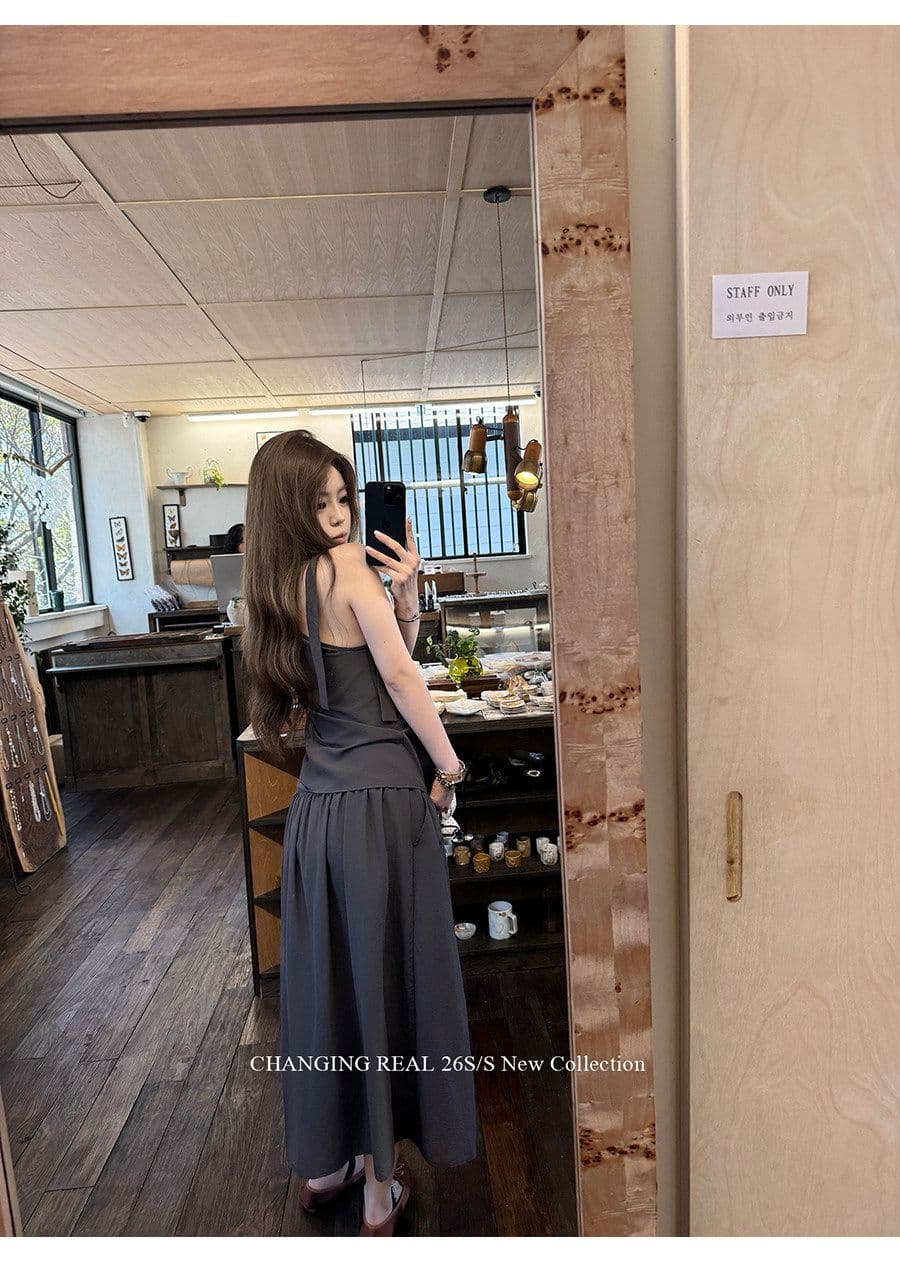 높은 품질 품질 세트 회색 품격 민소매 조끼 루즈핏 맨위 여성 여름 펌프 로프 한 마디 반신 스커트 투피스 세트 상세 이미지 11