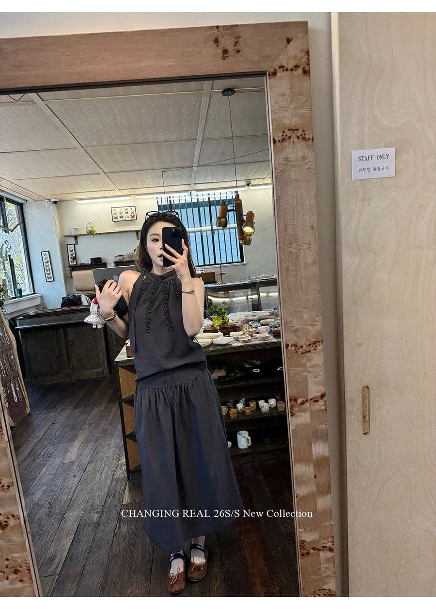 높은 품질 품질 세트 회색 품격 민소매 조끼 루즈핏 맨위 여성 여름 펌프 로프 한 마디 반신 스커트 투피스 세트 상세 이미지 13