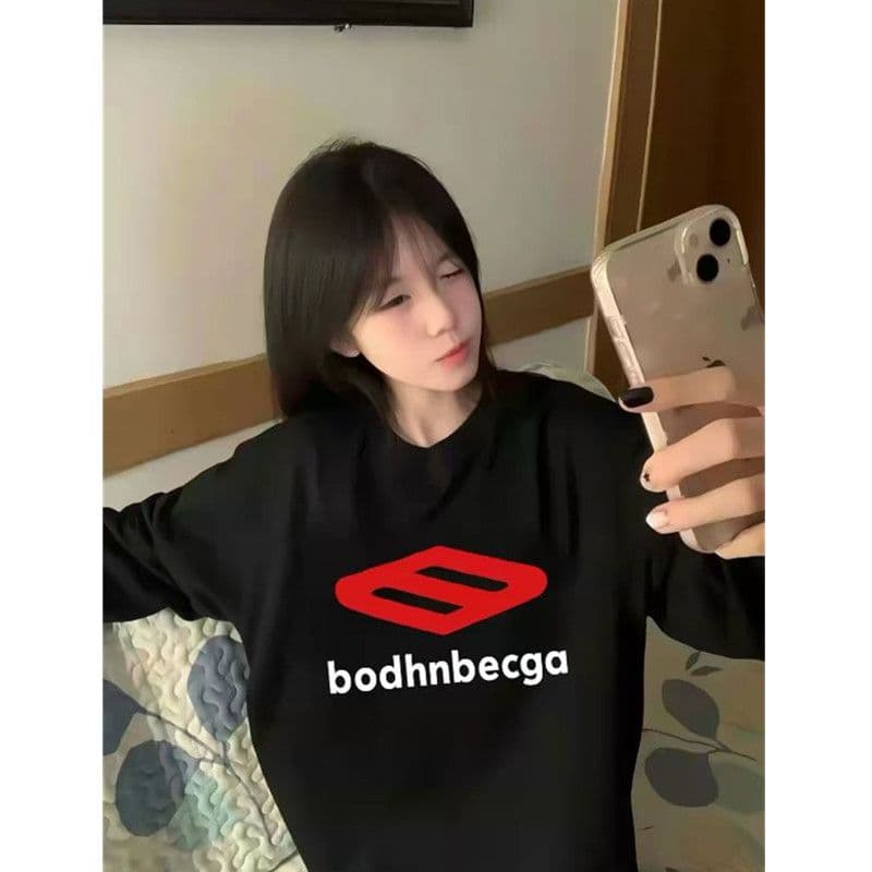 폭발 200그램 순면 플러그 루오 모방 당겨서 어깨 테두리 프린트 루즈핏 만나는 긴팔 티셔츠 여성 이미지 3
