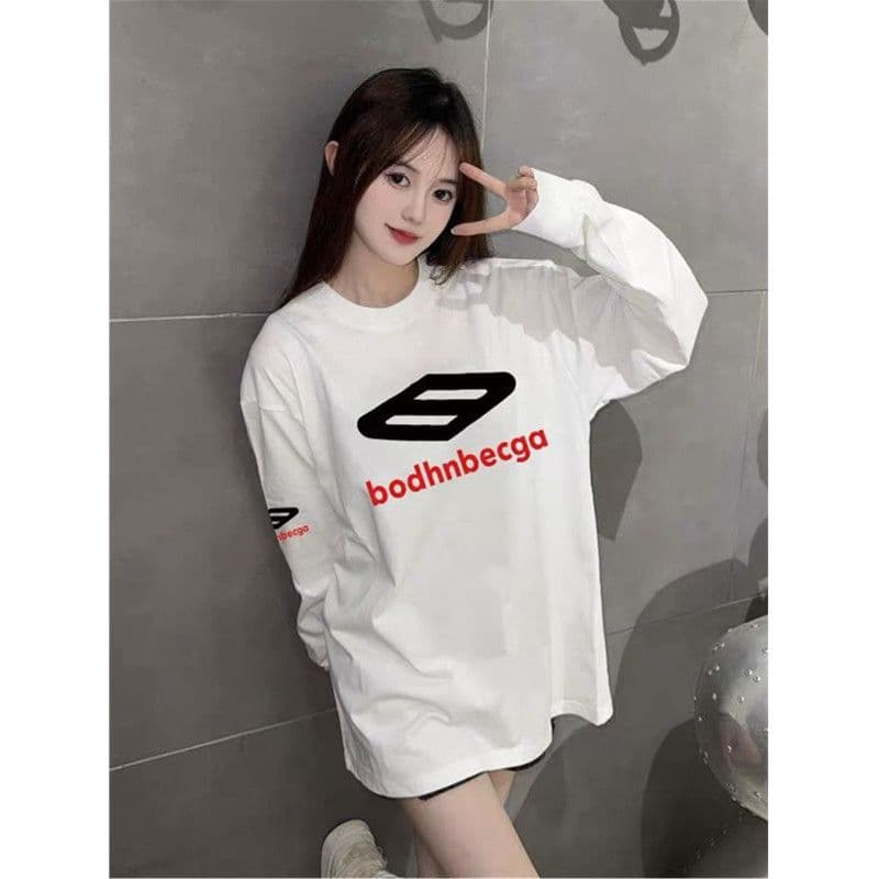 폭발 200그램 순면 플러그 루오 모방 당겨서 어깨 테두리 프린트 루즈핏 만나는 긴팔 티셔츠 여성
