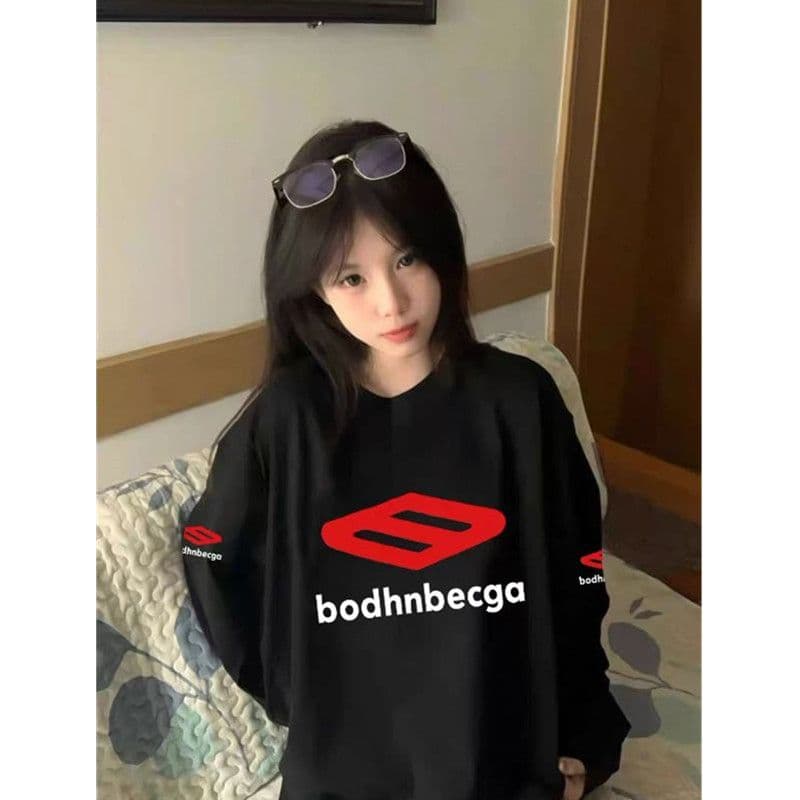 폭발 200그램 순면 플러그 루오 모방 당겨서 어깨 테두리 프린트 루즈핏 만나는 긴팔 티셔츠 여성 상세 이미지 2