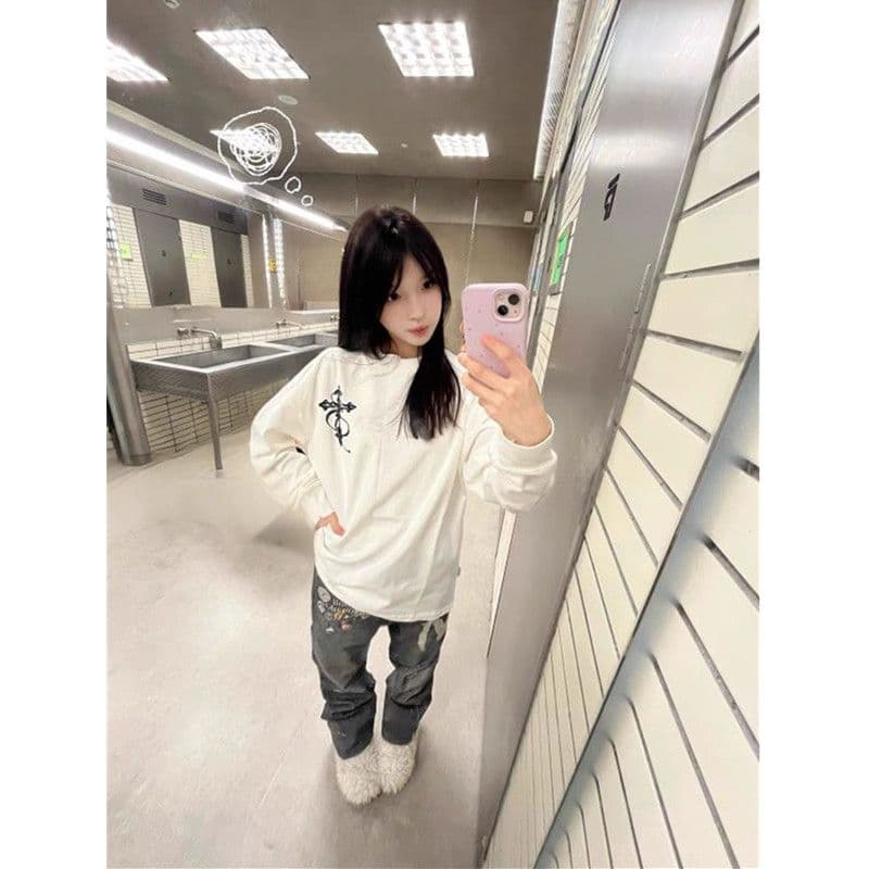 폭발 200그램 순면 플러그 루오 모방 당겨서 어깨 테두리 프린트 루즈핏 만나는 긴팔 티셔츠 여성 상세 이미지 3