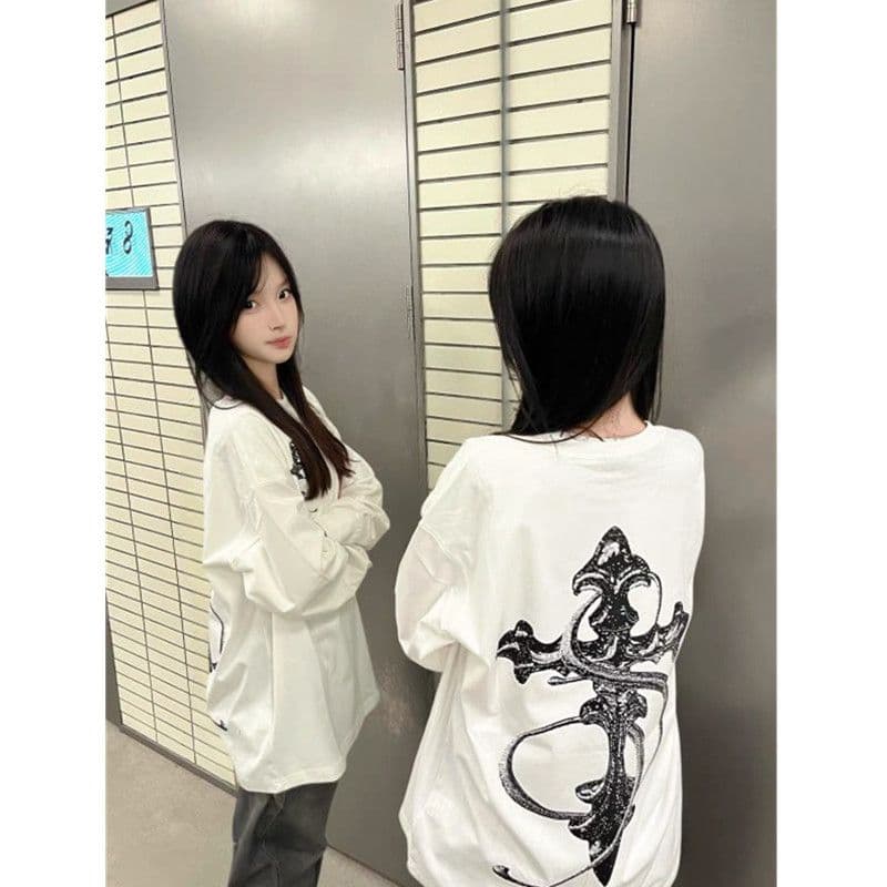 폭발 200그램 순면 플러그 루오 모방 당겨서 어깨 테두리 프린트 루즈핏 만나는 긴팔 티셔츠 여성 상세 이미지 4