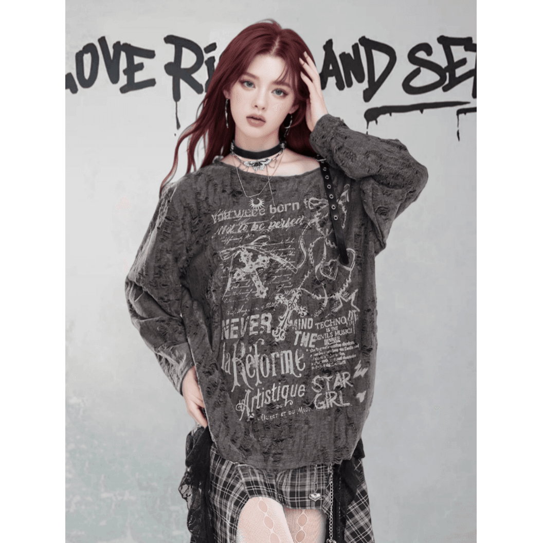 경관 그림 오프숄더 프린트 자외선 차단 블라우스 여성 봄 찢어진 부분 루즈핏 느긋한 바람 다용도 긴팔 맨위 이미지 5