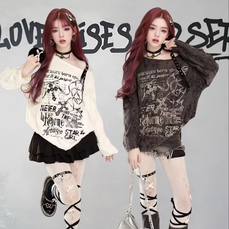 경관 그림 오프숄더 프린트 자외선 차단 블라우스 여성 봄 찢어진 부분 루즈핏 느긋한 바람 다용도 긴팔 맨위 상세 이미지 2