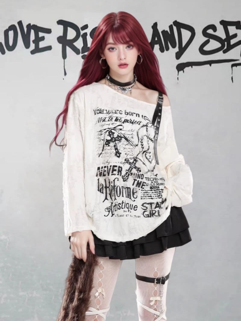 경관 그림 오프숄더 프린트 자외선 차단 블라우스 여성 봄 찢어진 부분 루즈핏 느긋한 바람 다용도 긴팔 맨위 상세 이미지 3