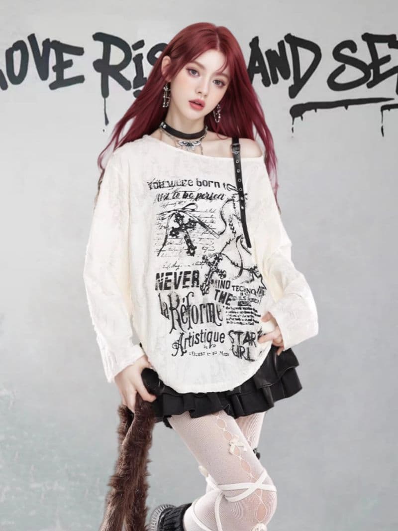 경관 그림 오프숄더 프린트 자외선 차단 블라우스 여성 봄 찢어진 부분 루즈핏 느긋한 바람 다용도 긴팔 맨위 상세 이미지 4