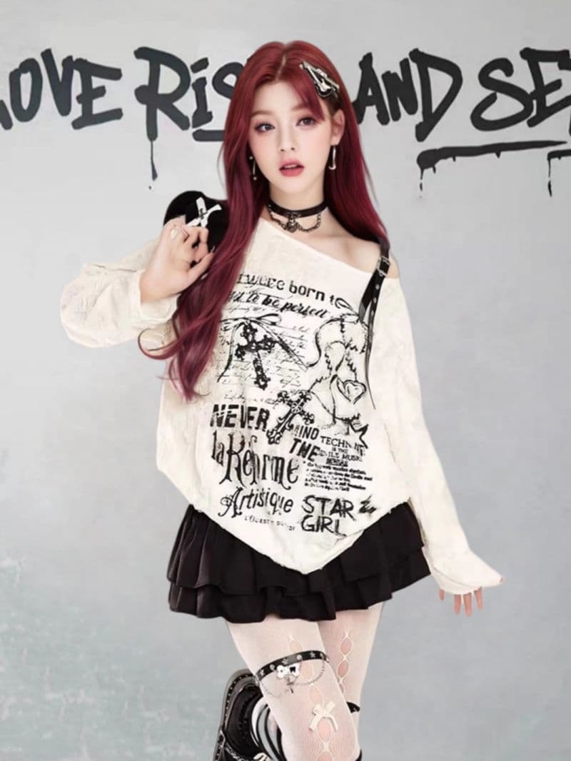 경관 그림 오프숄더 프린트 자외선 차단 블라우스 여성 봄 찢어진 부분 루즈핏 느긋한 바람 다용도 긴팔 맨위 상세 이미지 6