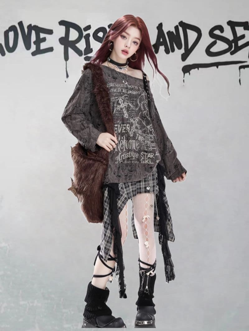 경관 그림 오프숄더 프린트 자외선 차단 블라우스 여성 봄 찢어진 부분 루즈핏 느긋한 바람 다용도 긴팔 맨위 상세 이미지 7
