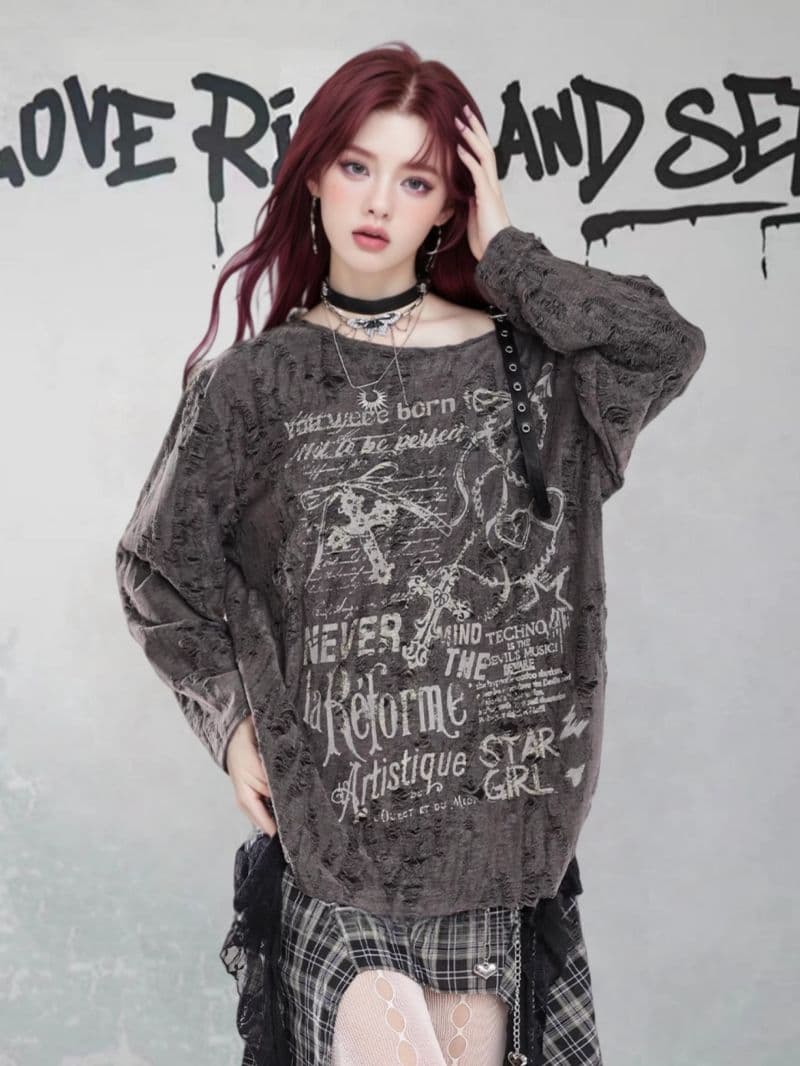 경관 그림 오프숄더 프린트 자외선 차단 블라우스 여성 봄 찢어진 부분 루즈핏 느긋한 바람 다용도 긴팔 맨위 상세 이미지 8