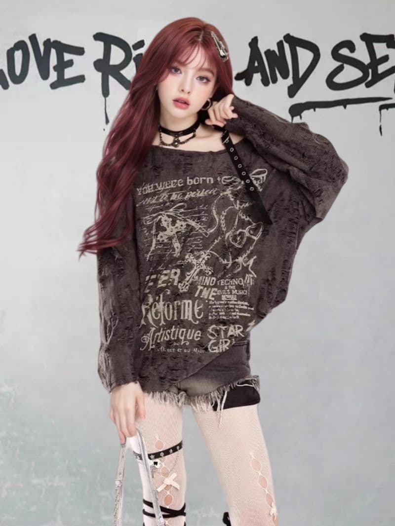 경관 그림 오프숄더 프린트 자외선 차단 블라우스 여성 봄 찢어진 부분 루즈핏 느긋한 바람 다용도 긴팔 맨위 상세 이미지 9
