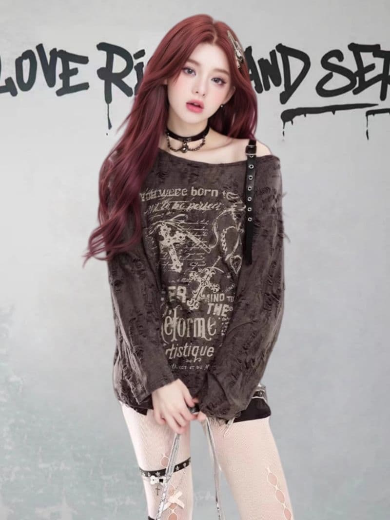 경관 그림 오프숄더 프린트 자외선 차단 블라우스 여성 봄 찢어진 부분 루즈핏 느긋한 바람 다용도 긴팔 맨위 상세 이미지 10