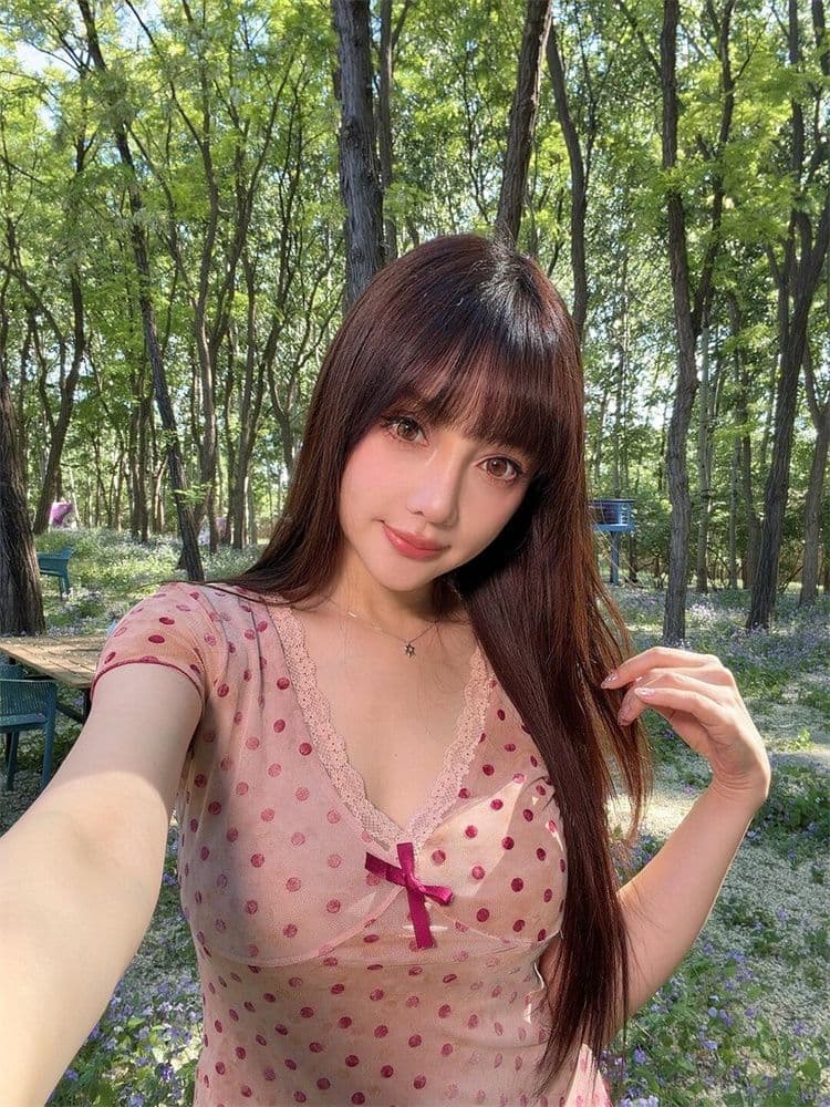 이중층 메시 원단 식물 플러시 한 부서 도트 무늬 레이스 V넥 짧은 티셔츠 여성 여름 몸매 가꾸기 슬림해 보이는 나비 매듭 맨위 이미지 4