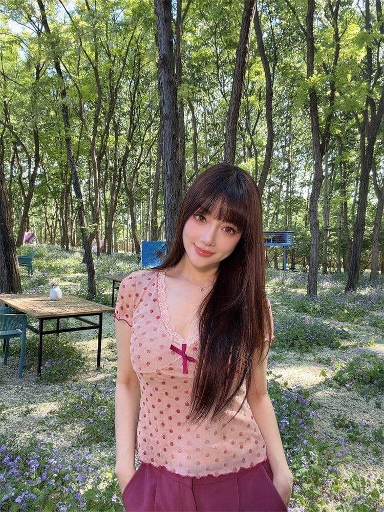 이중층 메시 원단 식물 플러시 한 부서 도트 무늬 레이스 V넥 짧은 티셔츠 여성 여름 몸매 가꾸기 슬림해 보이는 나비 매듭 맨위 상세 이미지 4