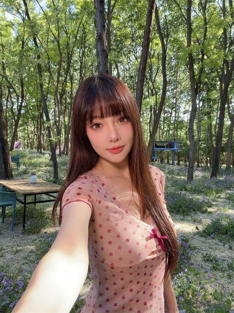 이중층 메시 원단 식물 플러시 한 부서 도트 무늬 레이스 V넥 짧은 티셔츠 여성 여름 몸매 가꾸기 슬림해 보이는 나비 매듭 맨위 상세 이미지 5
