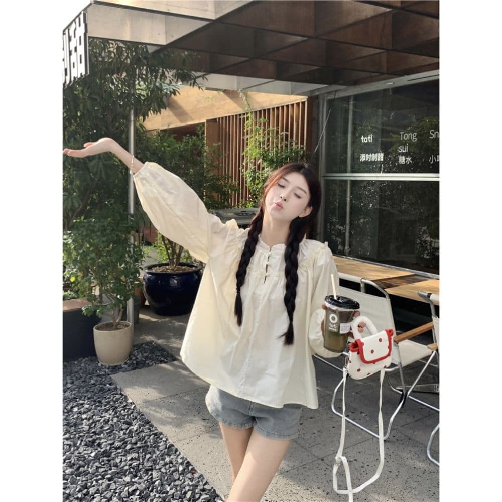 2026 가을 새로운 라운드 넥 프릴 긴팔 여성 셔츠 다용도 루즈핏 프랑스식 달콤함 디자인 센스 셔츠 이미지 5