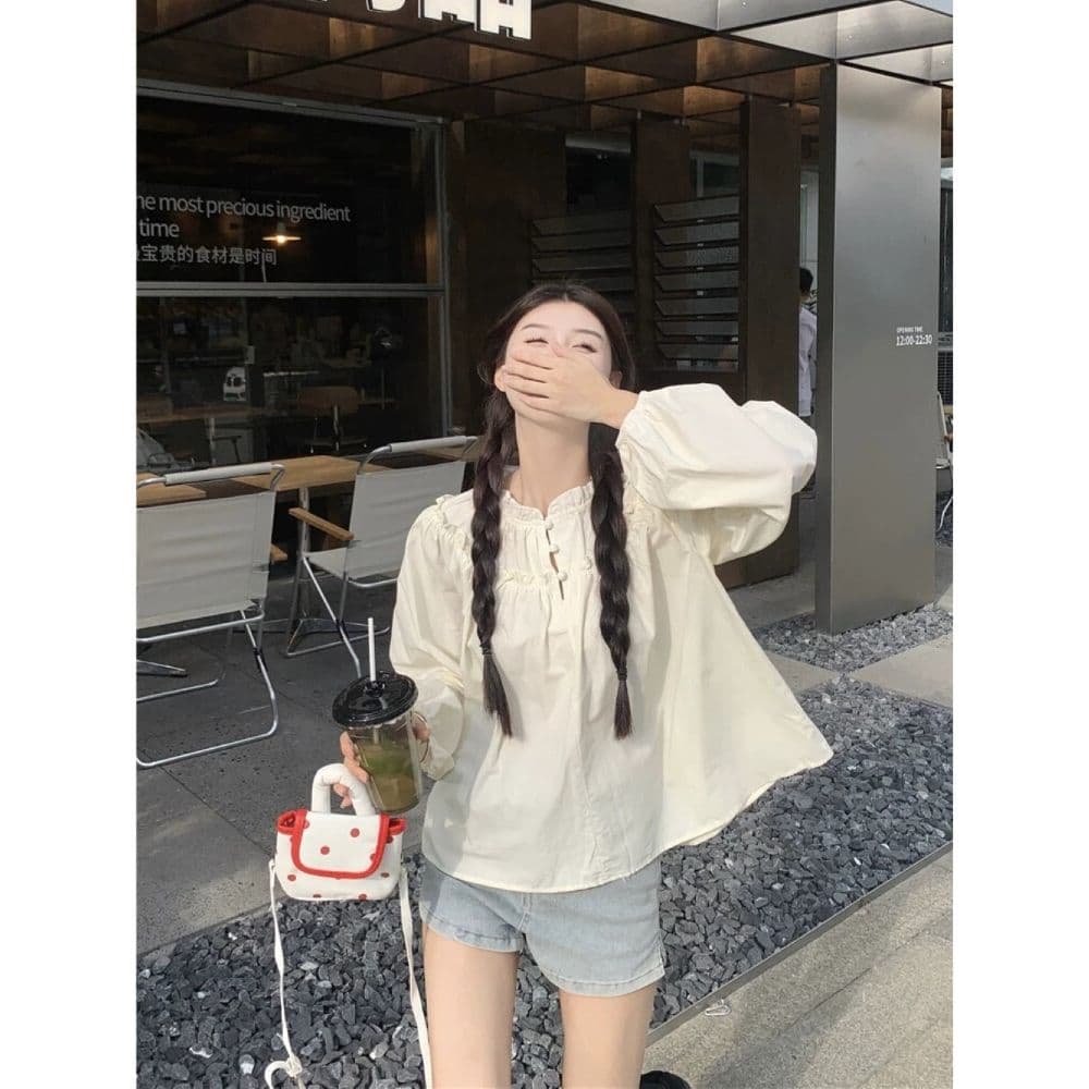 2026 가을 새로운 라운드 넥 프릴 긴팔 여성 셔츠 다용도 루즈핏 프랑스식 달콤함 디자인 센스 셔츠 상세 이미지 2