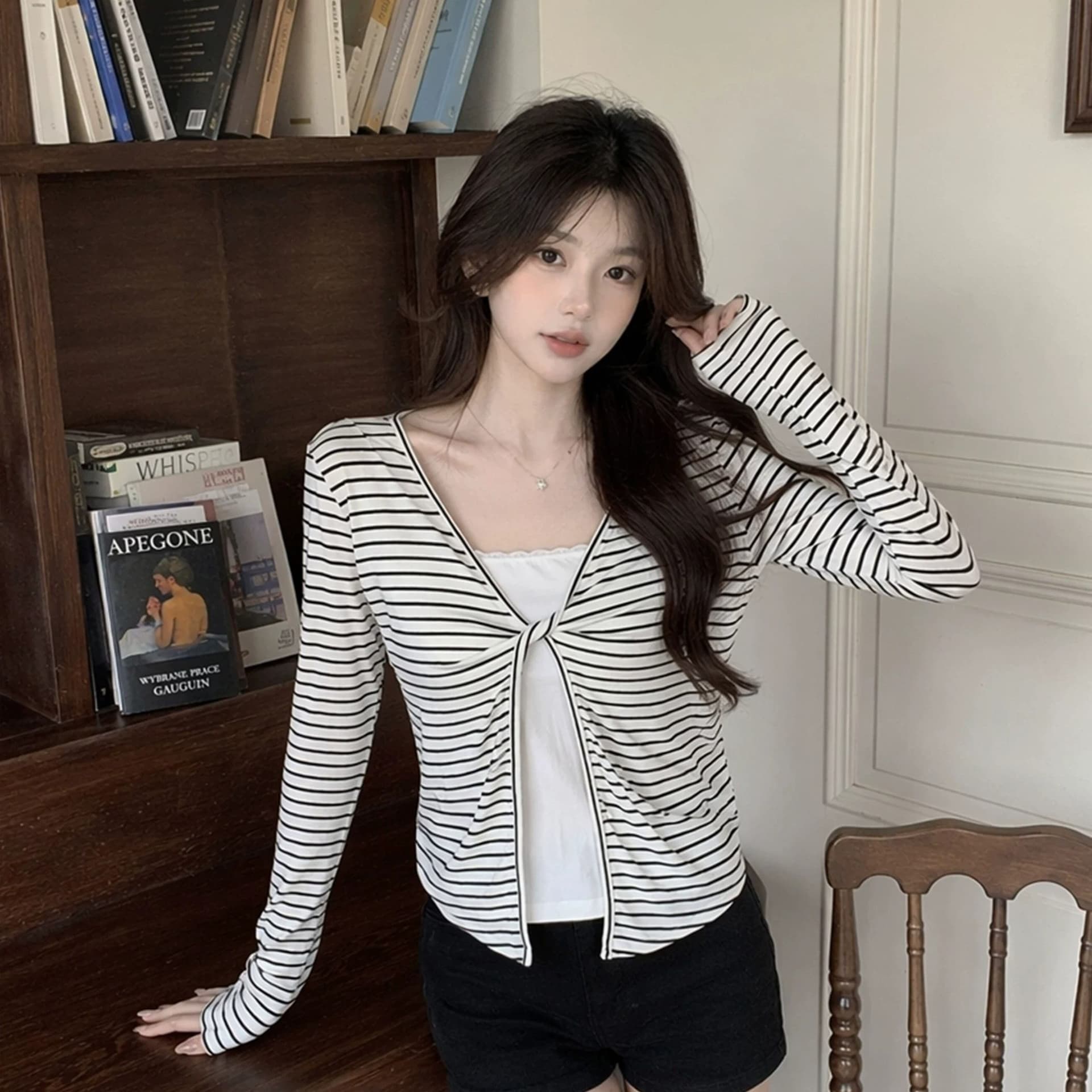 주간 실크 리브 삽입 색상 사람들 면 이른 가을 페이크 레이어드 긴팔 티셔츠 여성 몸매 가꾸기 슬림해 보이는 맨위