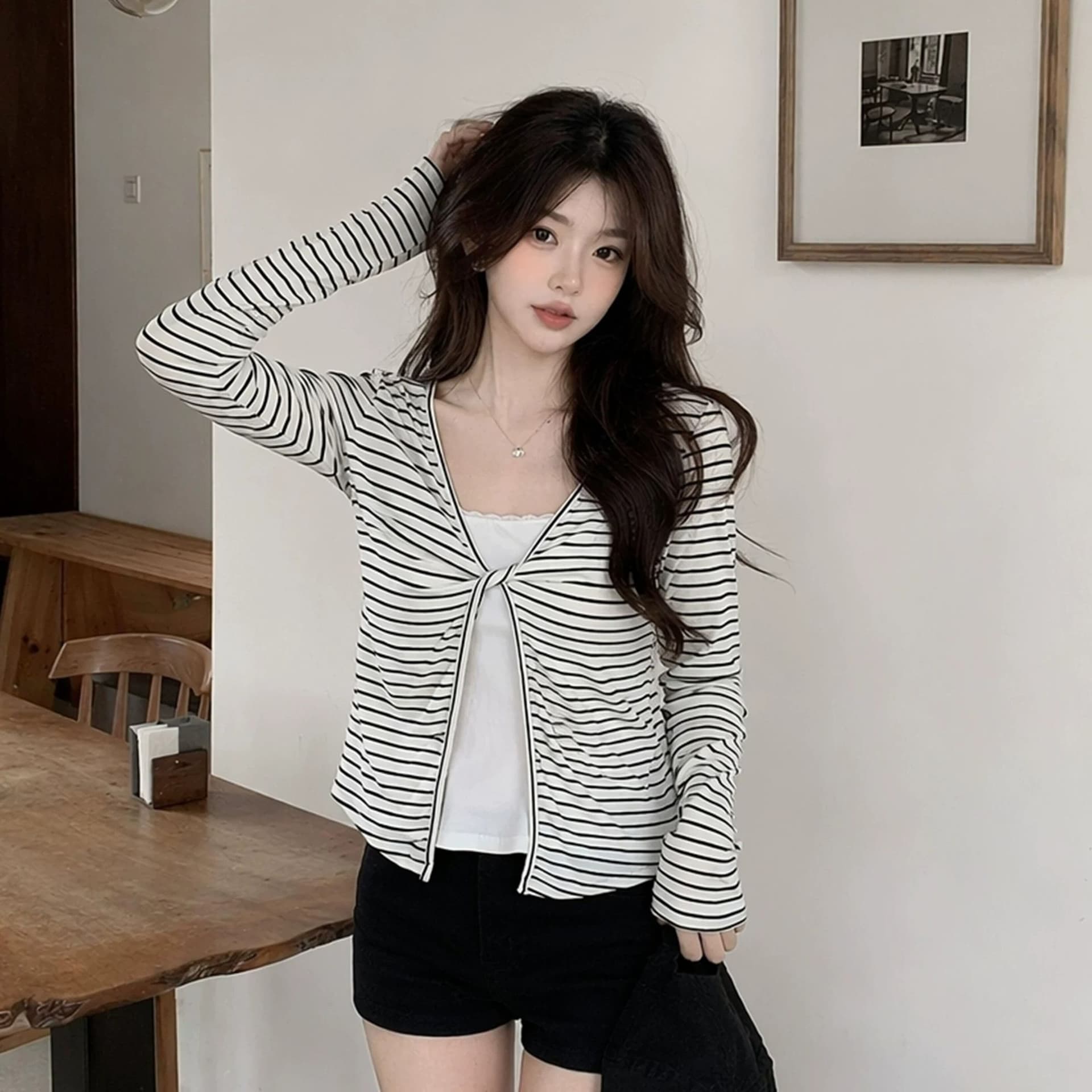 주간 실크 리브 삽입 색상 사람들 면 이른 가을 페이크 레이어드 긴팔 티셔츠 여성 몸매 가꾸기 슬림해 보이는 맨위 이미지 3
