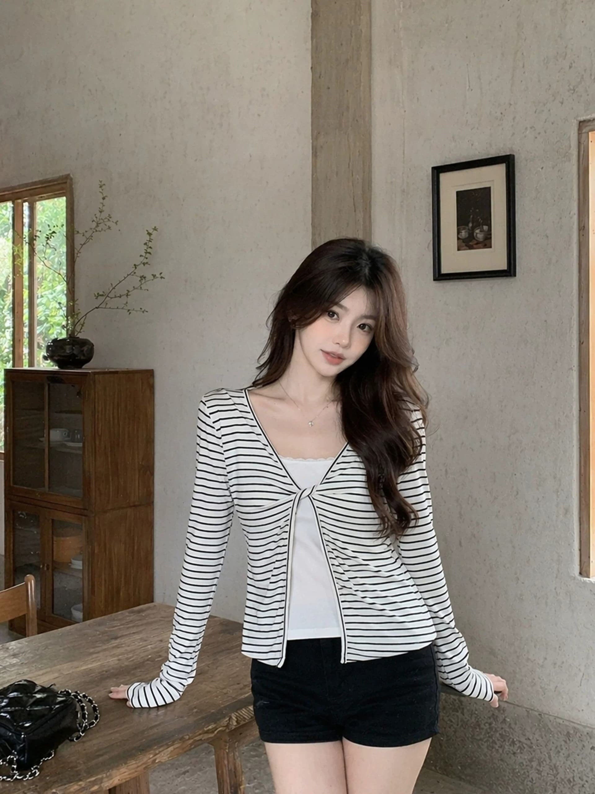 주간 실크 리브 삽입 색상 사람들 면 이른 가을 페이크 레이어드 긴팔 티셔츠 여성 몸매 가꾸기 슬림해 보이는 맨위 상세 이미지 2