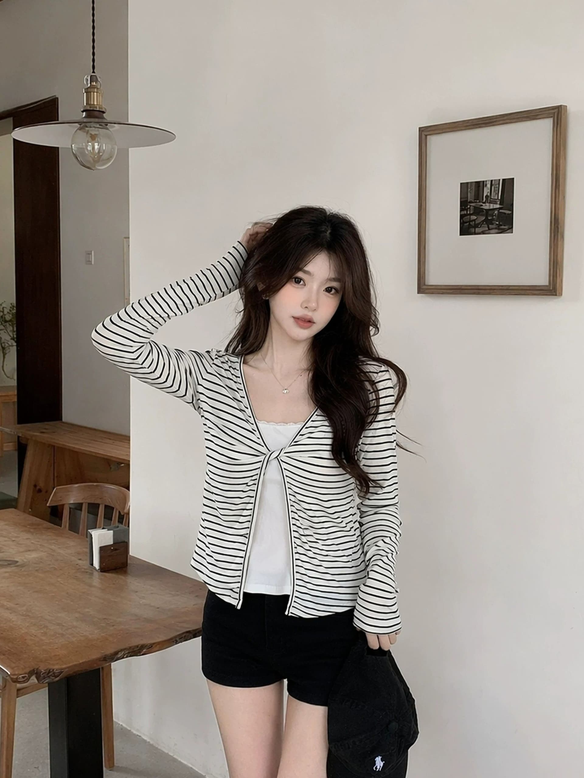 주간 실크 리브 삽입 색상 사람들 면 이른 가을 페이크 레이어드 긴팔 티셔츠 여성 몸매 가꾸기 슬림해 보이는 맨위 상세 이미지 3