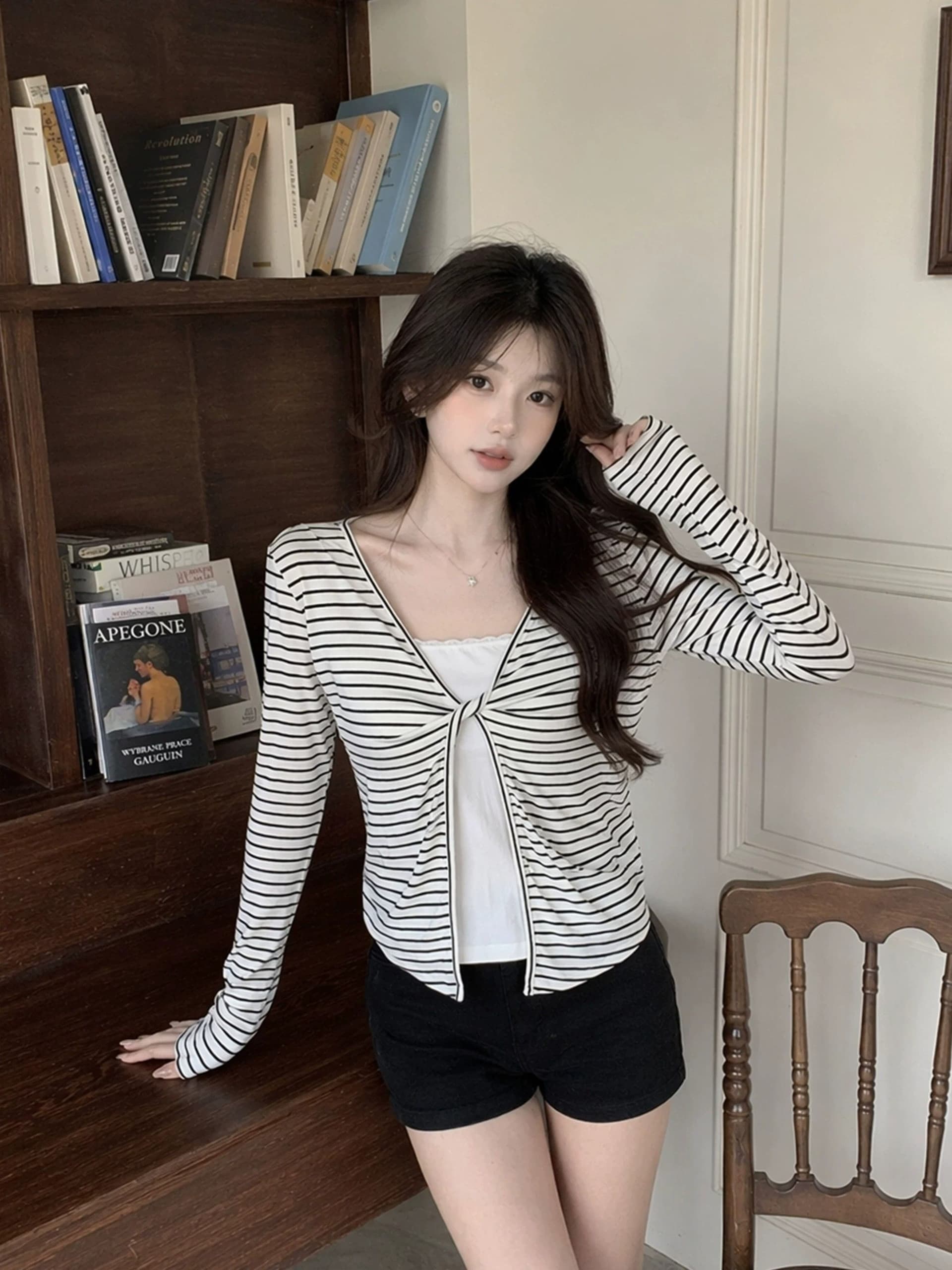 주간 실크 리브 삽입 색상 사람들 면 이른 가을 페이크 레이어드 긴팔 티셔츠 여성 몸매 가꾸기 슬림해 보이는 맨위 상세 이미지 4