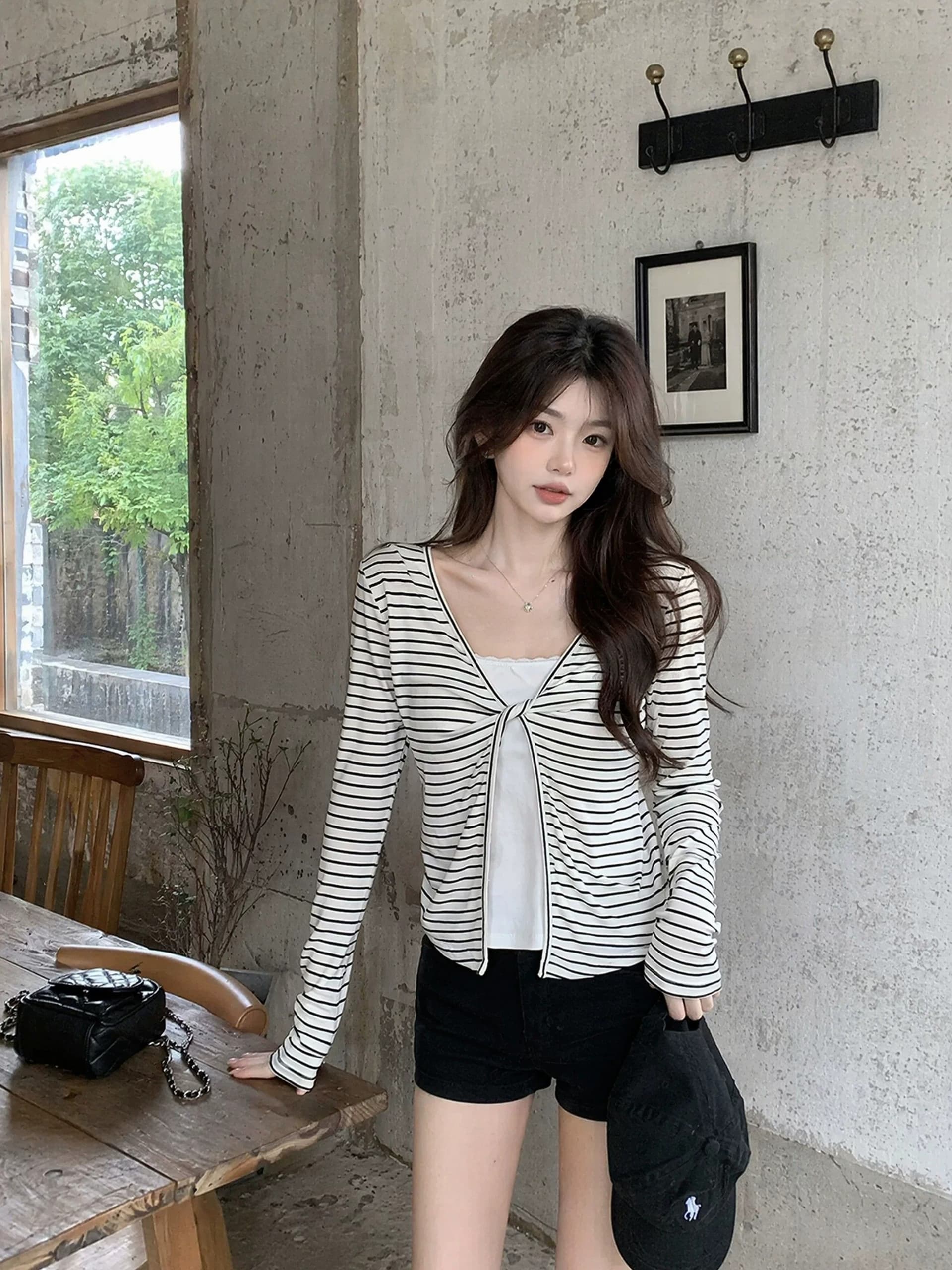 주간 실크 리브 삽입 색상 사람들 면 이른 가을 페이크 레이어드 긴팔 티셔츠 여성 몸매 가꾸기 슬림해 보이는 맨위 상세 이미지 5