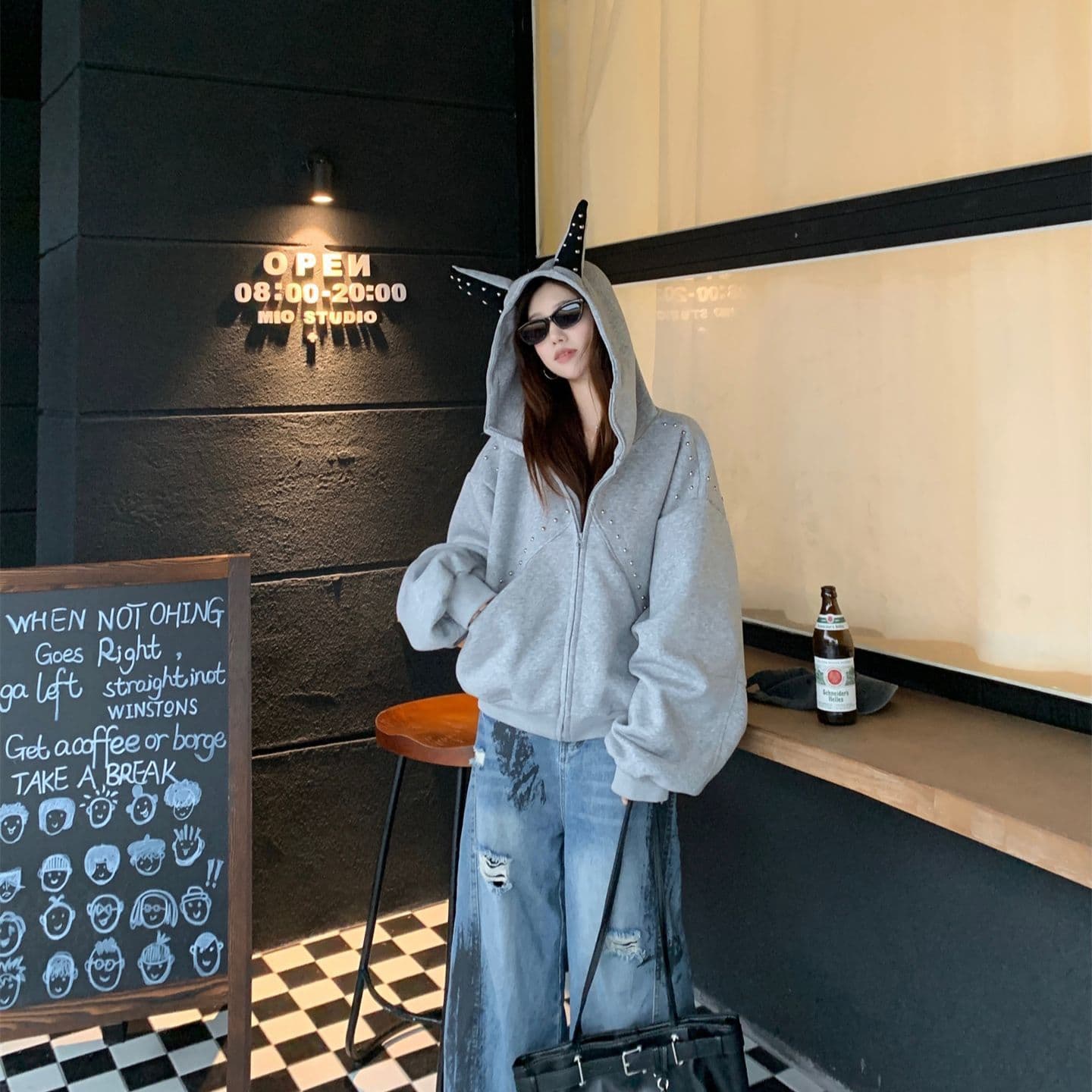 모방 후아 면 원단 후드 티 스웨터 여성 폭발 재킷 루즈핏 다용도 연령 감소 지퍼 트렌디 가을 캐주얼 상세 이미지 5