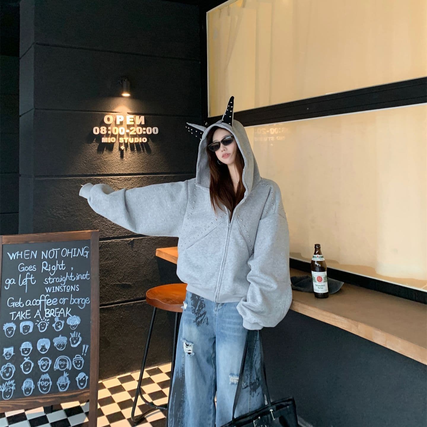 모방 후아 면 원단 후드 티 스웨터 여성 폭발 재킷 루즈핏 다용도 연령 감소 지퍼 트렌디 가을 캐주얼 상세 이미지 6