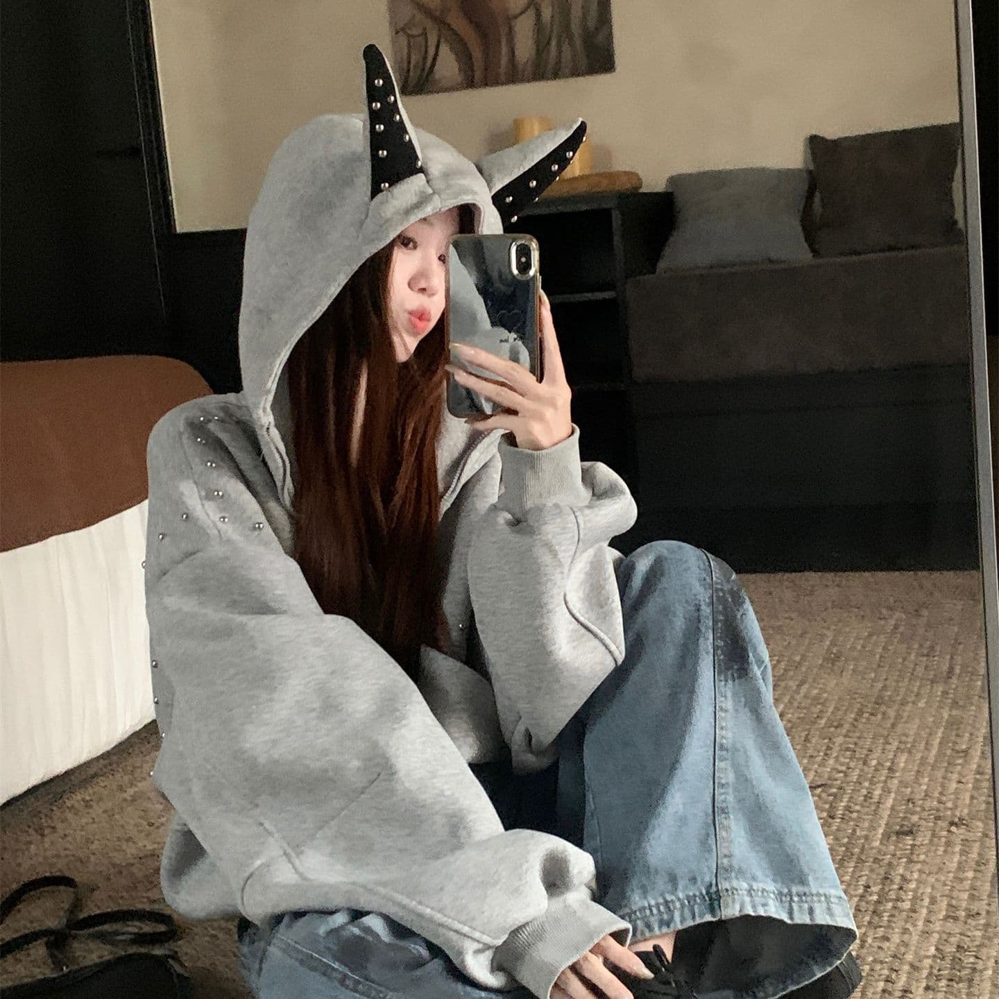모방 후아 면 원단 후드 티 스웨터 여성 폭발 재킷 루즈핏 다용도 연령 감소 지퍼 트렌디 가을 캐주얼 상세 이미지 8