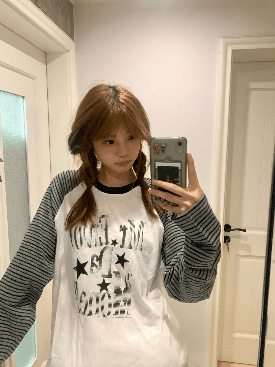 원본 눈꽃 면 컬러 짜임 스트라이프 패치워크 긴팔 티셔츠 생방송 품질 이미지 4