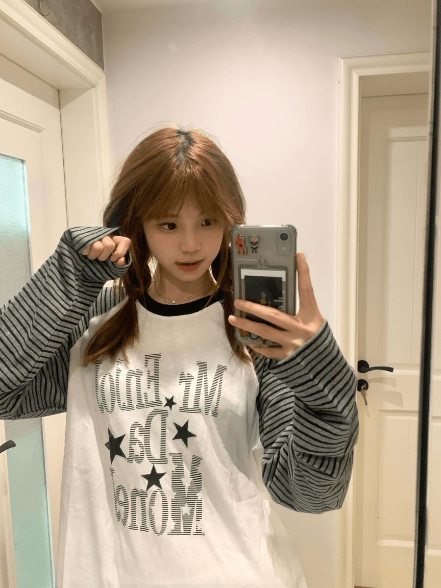 원본 눈꽃 면 컬러 짜임 스트라이프 패치워크 긴팔 티셔츠 생방송 품질 이미지 3