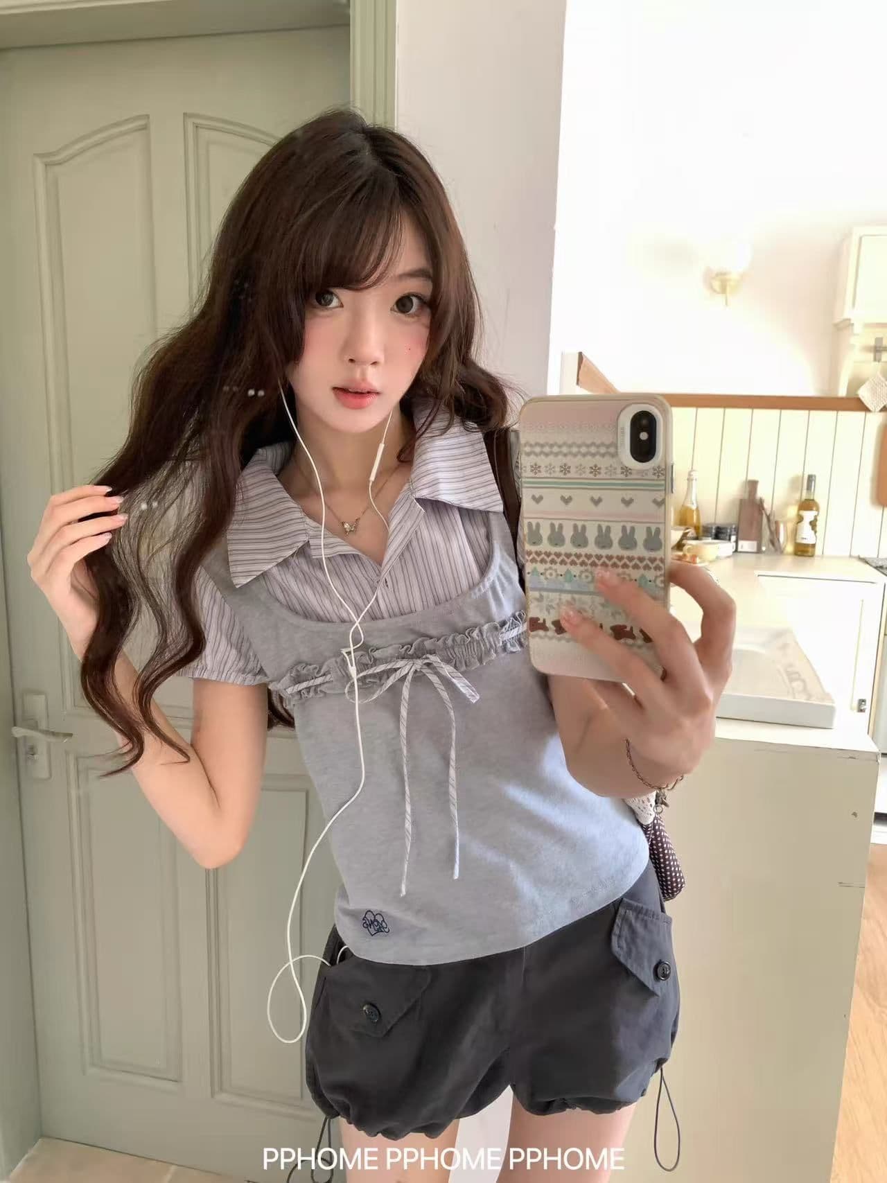 보르도 학원 패치워크 POLO 칼라 페이크 레이어드 셔츠 달콤함 슬림해 보이는 거품 소매 맨위