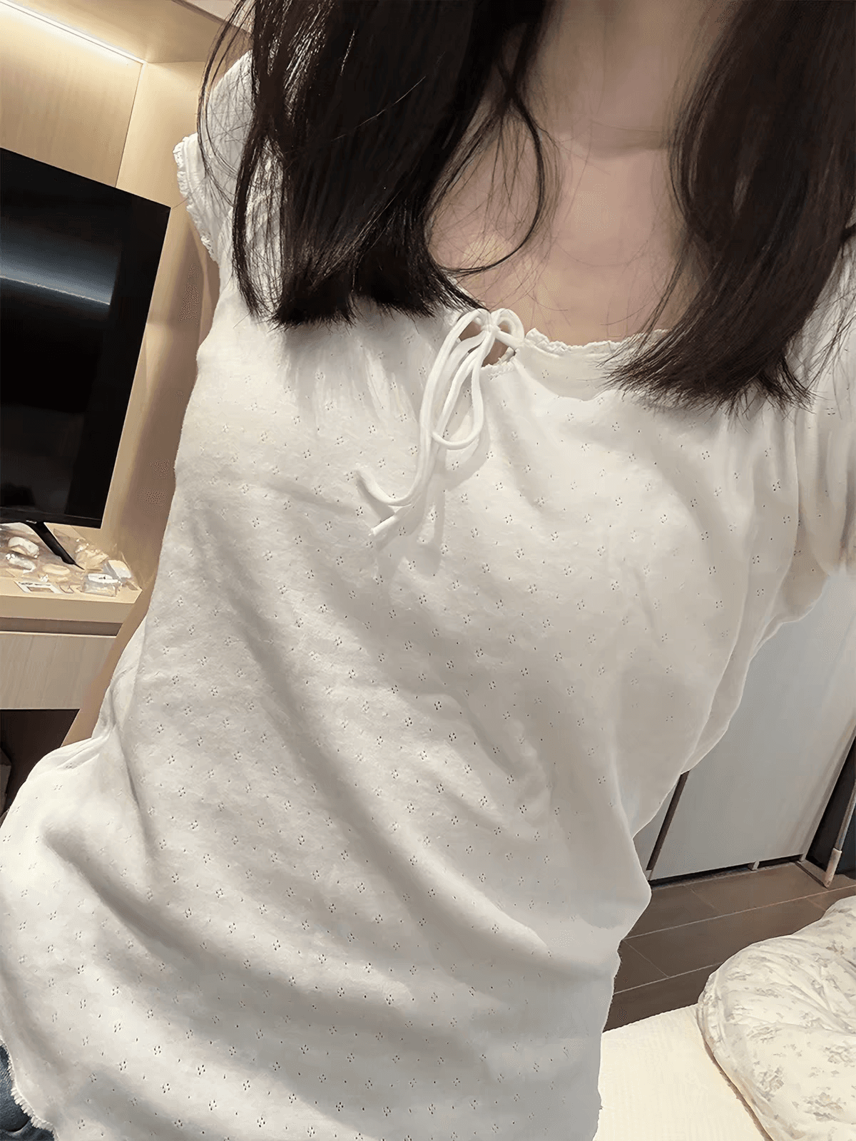 광저우 원단 사람들 면 자카드 240 그램 한 부서 레트로 레이스 레이스 레이스업 반팔 티셔츠 여성