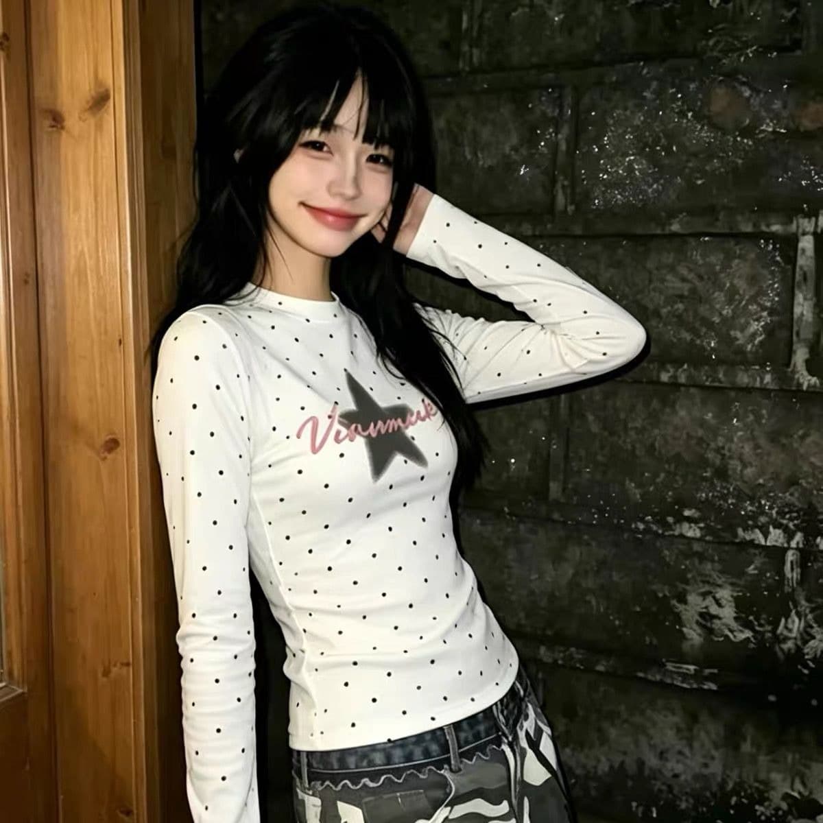 프린트 40 220 그램 92 면 8 암모니아 Lun 긴팔 티셔츠 여성 이미지 5