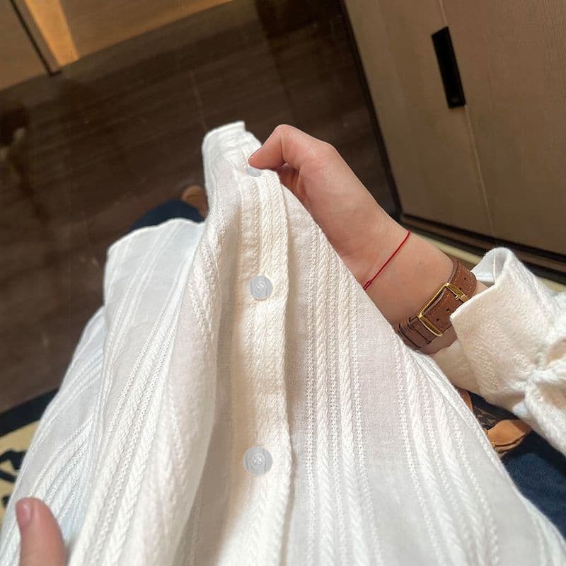 면 순면 세로 줄무늬 여성 셔츠 봄 여름 캐주얼 셔츠 긴팔 자외선 차단 맨위 재킷 이미지 4