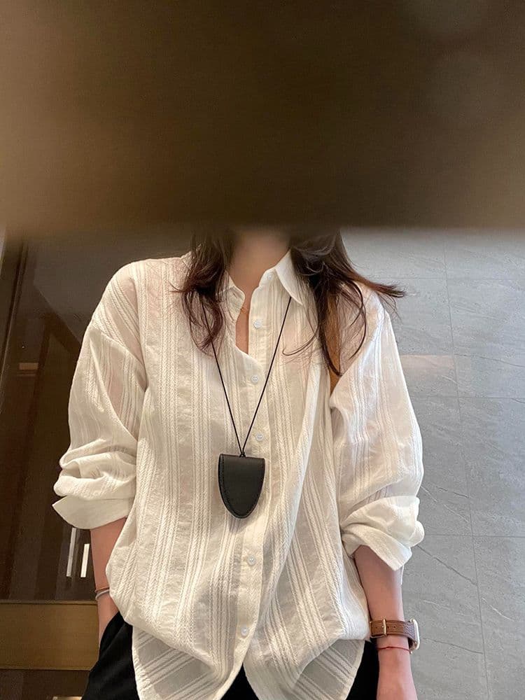 면 순면 세로 줄무늬 여성 셔츠 봄 여름 캐주얼 셔츠 긴팔 자외선 차단 맨위 재킷 상세 이미지 2