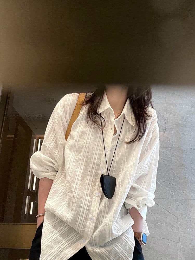 면 순면 세로 줄무늬 여성 셔츠 봄 여름 캐주얼 셔츠 긴팔 자외선 차단 맨위 재킷 상세 이미지 8