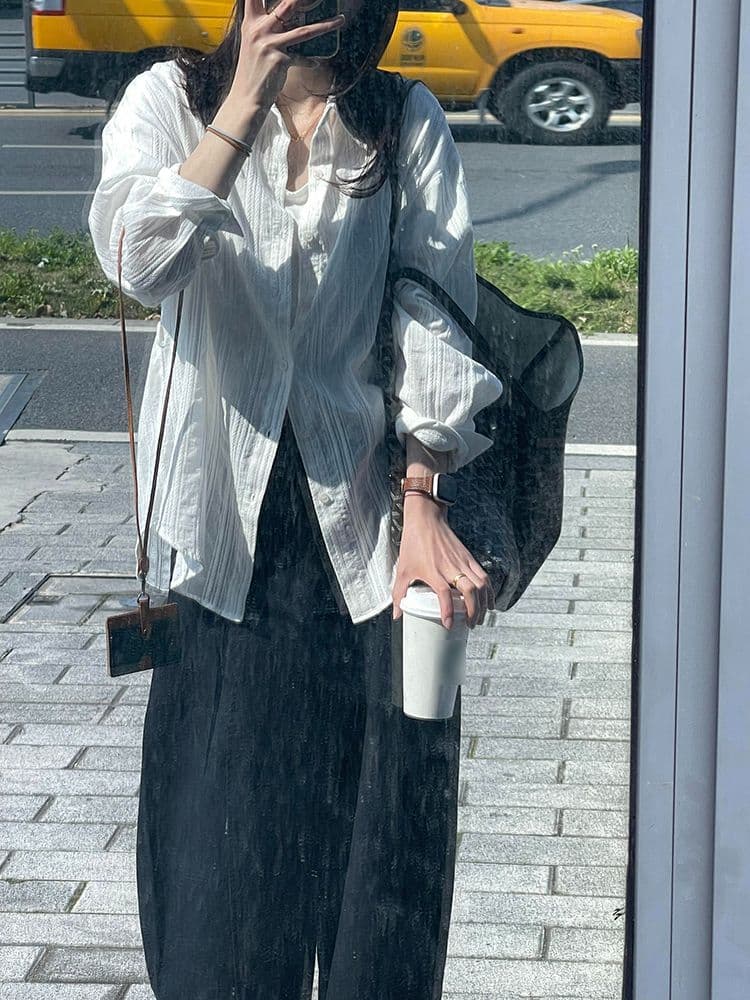 면 순면 세로 줄무늬 여성 셔츠 봄 여름 캐주얼 셔츠 긴팔 자외선 차단 맨위 재킷 상세 이미지 9